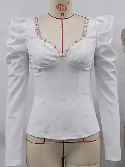 Women's Fashion Floral Pattern Puff Sleeve Top Casual Sexy Female Clothing T-Shirts Pullover New 2024 Spring Ladies Tops Blouse