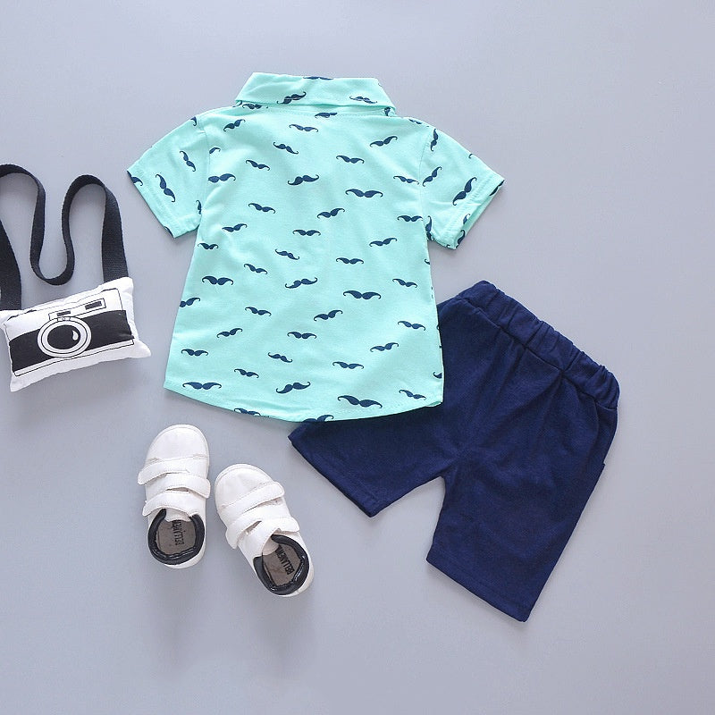 Summer New Cute Boy Suit Children's Printed Short-Sleeved Printed Shirt + Shorts Suit Children's Cotton Cute Baby Clothes