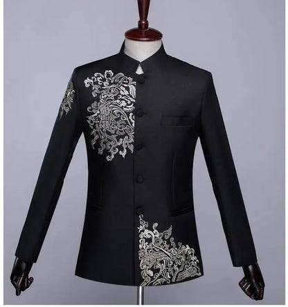 New Men Standing Collar Embroidered Suit 2 Piece Fashion Male Business Social Wedding Prom Stage Performance Dress Blazer Pant