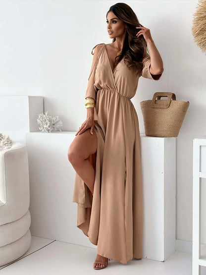 Spring New Women Dress Short Sleeve Elegant Sexy Deep V-neck Hollow Out Solid Color Slit Hem Slim Dresses 2025 Vestidos For Lady