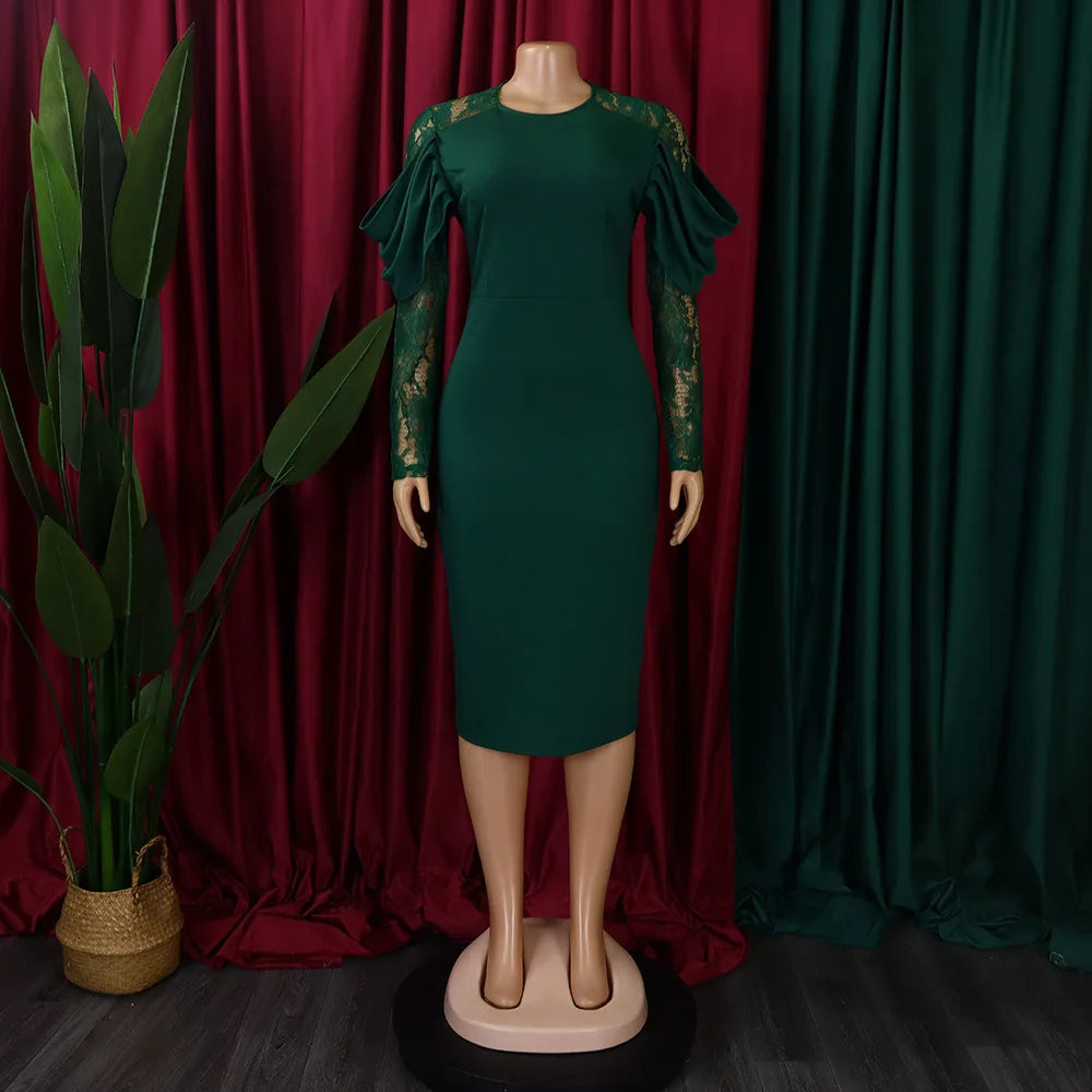 Sexy Bodycon Dresses for Women O Neck Lace Sleeve Sheath Package Hips Mid Calf Female Luxury Birthday Party Dinner Vestidos