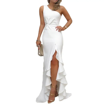 Women Sexy One Shoulder Ruffle Large Swing Slit Evening Party Dress Slim Maxi Dress Bodycon Dress Clubwear Womens dresses