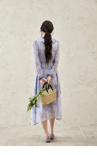 MISHOW Print Spring Summer Dress for Women New 2025 Ruffled V-neck Long Sleeve Blue French Dresses Female Fashion MXE15L2139