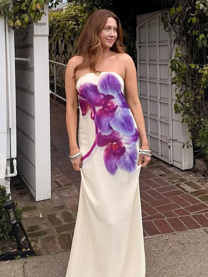 Spring/Summer Fashion Floral Print Bustier Dress Elegant Sleeveless Backless Loose A-Line Skirt Women's Casual Comfortable Dress