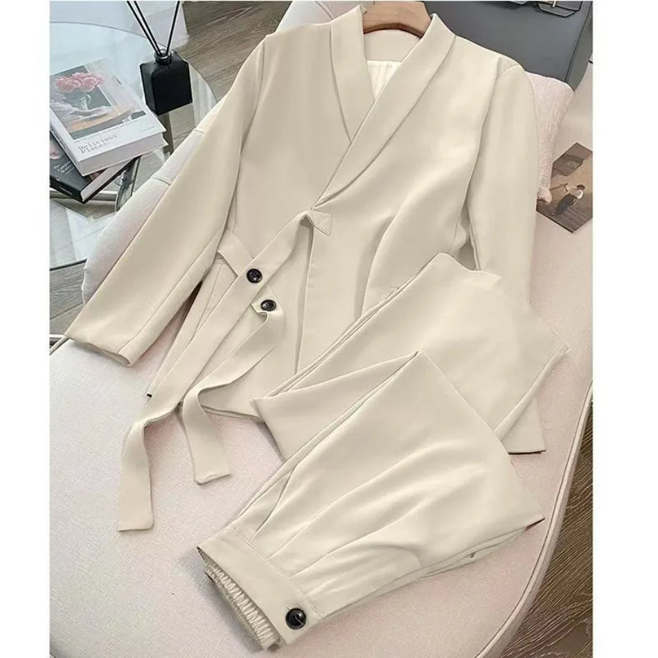 Women's Korean Fashion Long Sleeve Blazer And Wide Leg Pants Two-Piece Set Office Casual Loose Fit Spring Autumn Suits