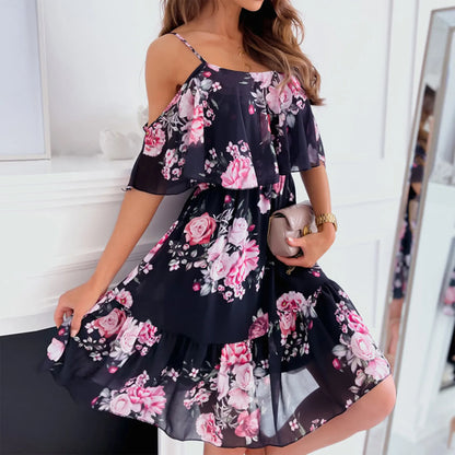 Women'S Spring/Summer New 2024 European And American Chiffon Printing Sexy Off Shoulder Strap Large Swing Ruffle Edge Dress