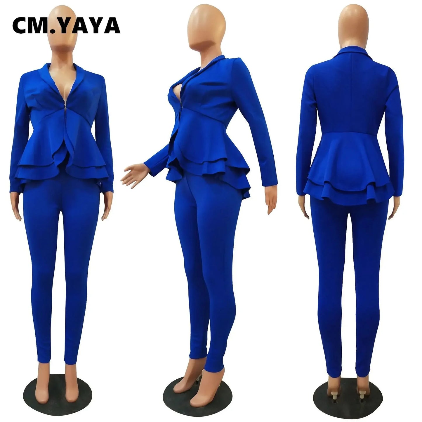 Women Winter Women's Set Full Sleeve Ruffles Blazer & Pencil Pants Suit (2pc Set)