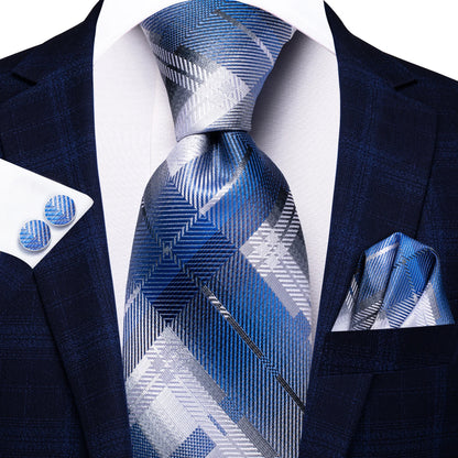 Hi-Tie Designer Silk Wedding Tie For Men Blue White Plaid Handky Cufflink Set Fashion Necktie For Men Business Party Wholesale