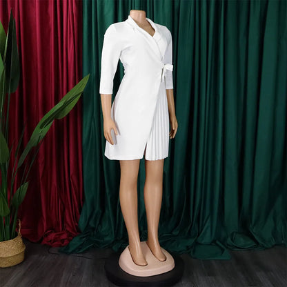 FairyShely 2025 Summer Solid Plus Size Folds Dress Women Long Sleeve Large Big Dresses Lady Belt Party Tight Curvy Short Dress