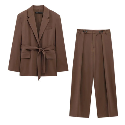 KONDALA Office Lady Casual Chic Solid Women Suit Single Button Sashes Loose Blazer Zipper Pants Fashion 2025 Autumn Winter Sets