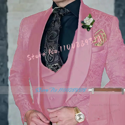 Jacquard Men's 3-piece Suit Set Formal Party Dress Groom Tuxedo High Quality Elegant Men Terno Masculino  Costume Homme Mariage