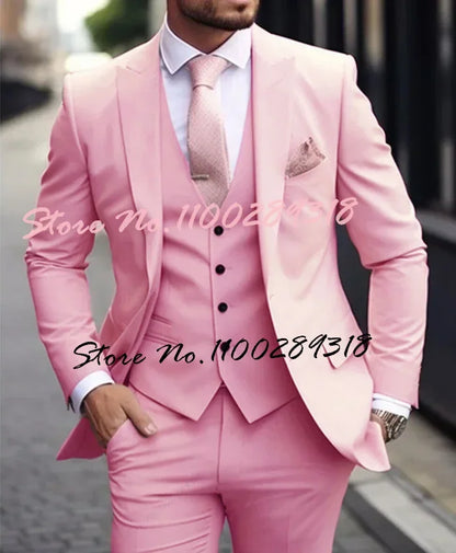Pink Luxury Men's Suits Terno Formal Outfits 3 Piece Jacket Pants With Vest Slim Fit Luxury Costume Homme Formal Occasion Terno