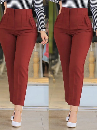 Elegant Pleated Waist Work Pants For Women White All-Match Daily OL Laides Fashion Office Formal Wear High Waisted Trousers