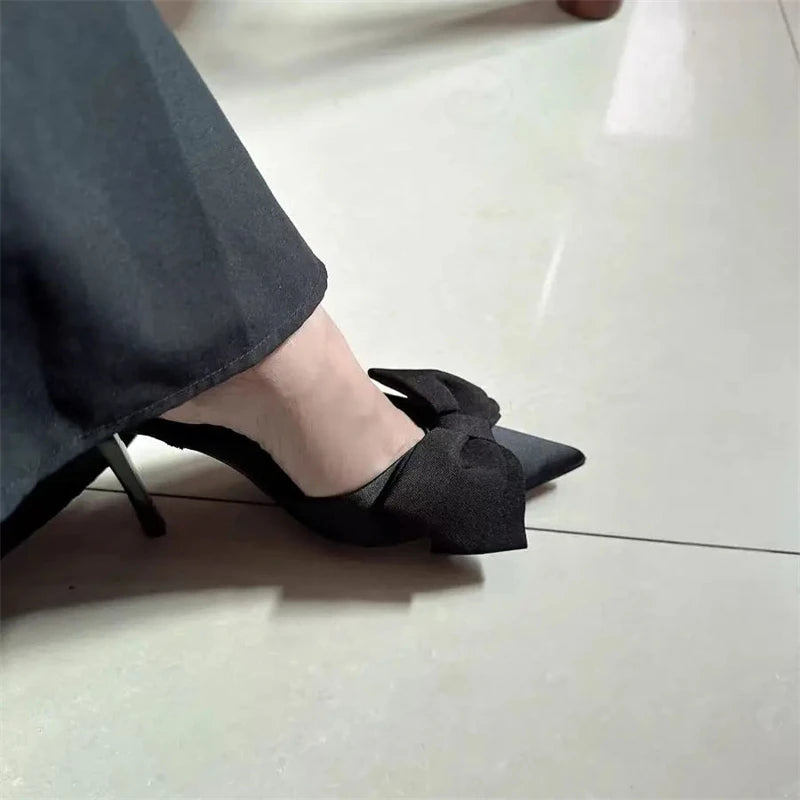 TRAF Black Big Bow Knot High Heel Stilettos New Point Head Slingbacks Pumps For Woman French Sweet Sandals Women Shoes Trend