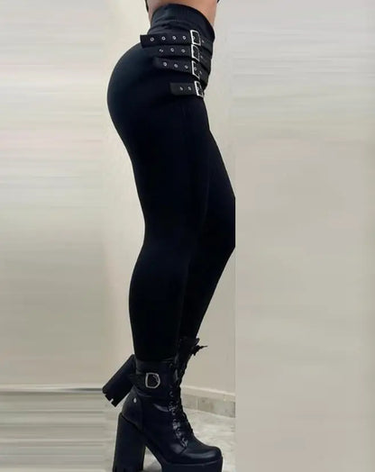Black Buckle Cool Sasa Style Elastic High Waisted Women's Casual Tight Pants 2025 Summer New Solid Color Cropped Pants