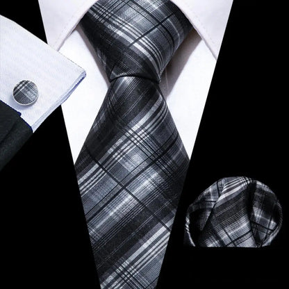 Barry.Wang Black White Gray Silver Silk Men Tie Handkerchief Cufflinks Set Jacquard Necktie for Male Wedding Business Party Gift