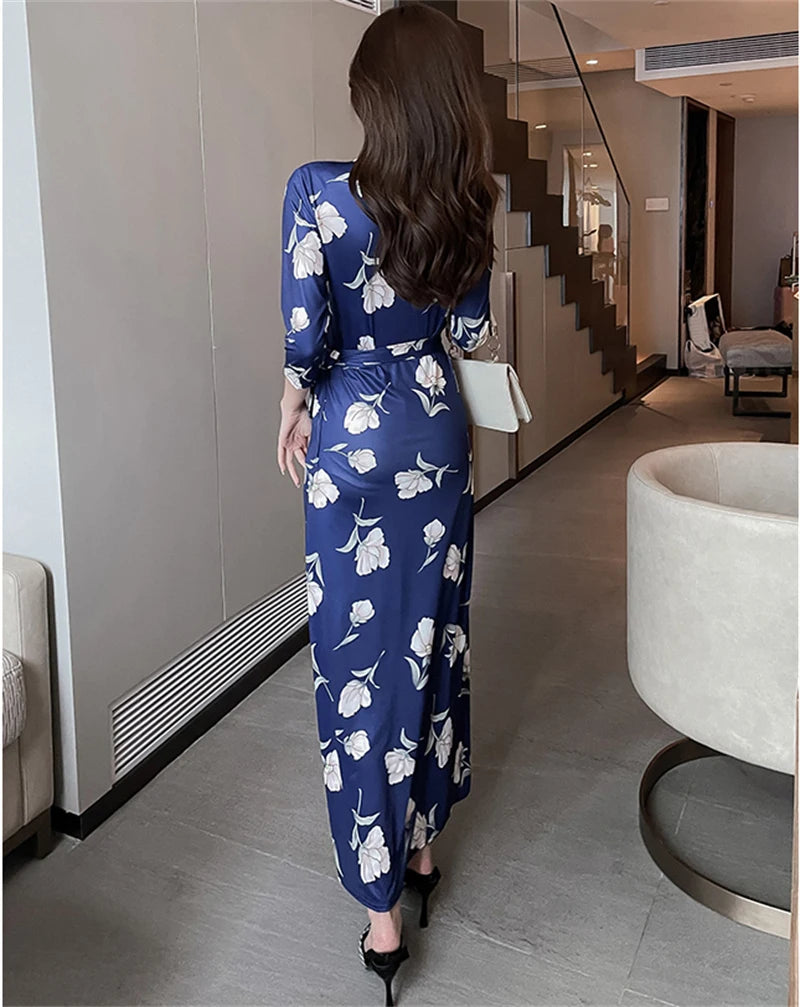 FANIECES Summer Wrap Dresses Women Sexy V Neck Split Maxi Dress Print Female Casual Beachwear Lace Up Party Vestidos Robe платье