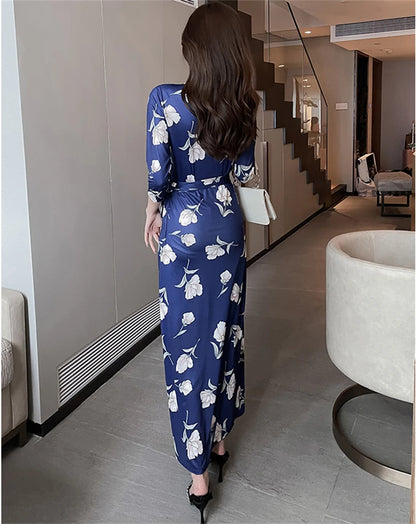 FANIECES Summer Wrap Dresses Women Sexy V Neck Split Maxi Dress Print Female Casual Beachwear Lace Up Party Vestidos Robe платье