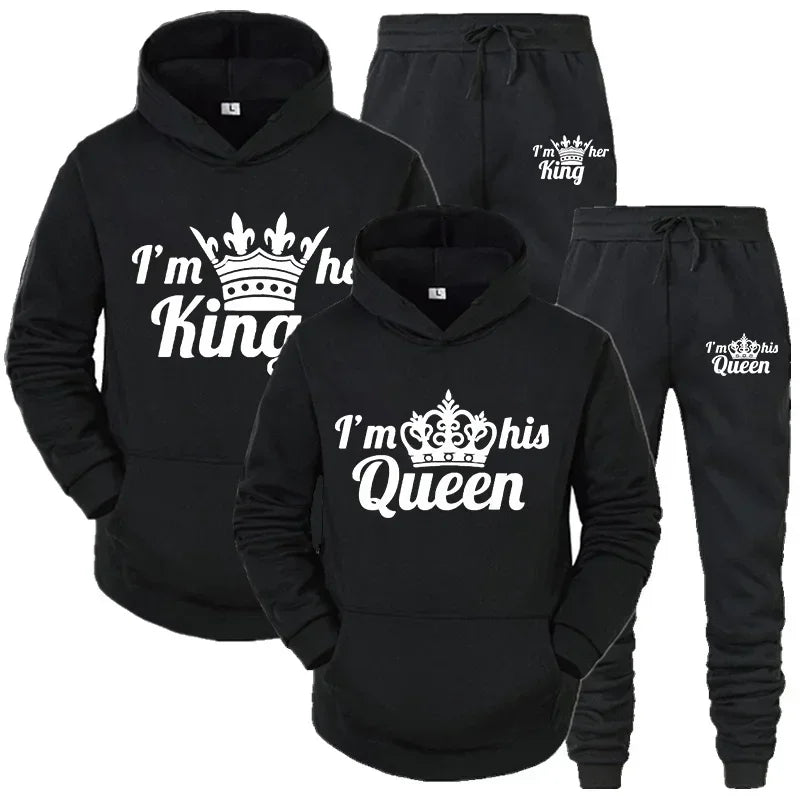 Lover Tracksuit Hoodies Printing QUEEN KING Couple Sweatshirt Hooded Clothes Hoodies Women 2 Piece Set Men Women Sportwear