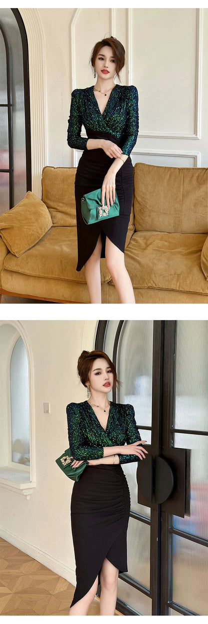 Fashion Lady Fake 2-Piece Sparkly Sequin Splic Irregular Evening Dress Women Clothing Elegant V-Neck Slim Party Birthday Vestido