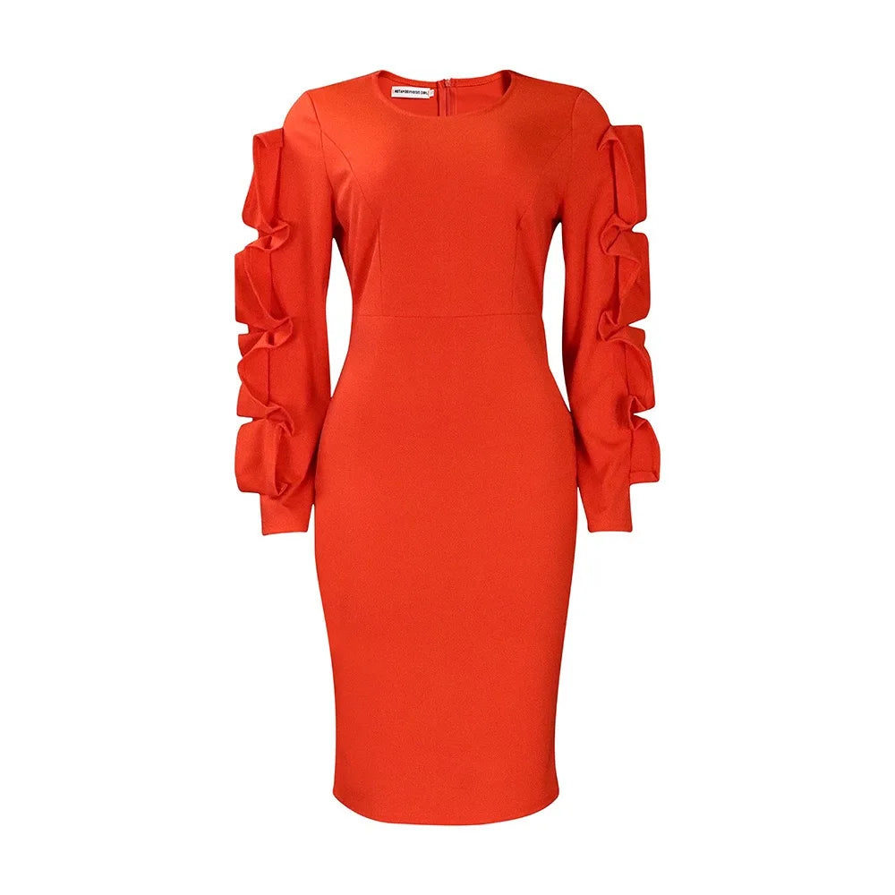 Elegant Office Dresses for Woman 2024 New O Neck Petal Sleeve Sheath Package Hips Mid Calf Formal Business Work Wear Dress Midi