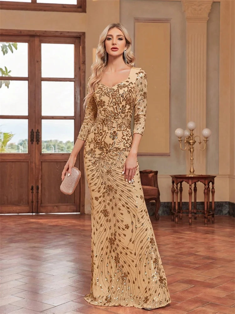 Luxury Champagne Evening Dress Women 2024 Long Mermaid Formal Sequins V-neck Prom Elegant Wedding Party Cocktail Gown