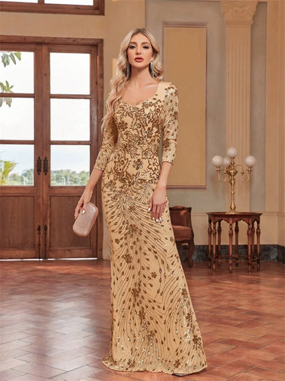 Luxury Champagne Evening Dress Women 2024 Long Mermaid Formal Sequins V-neck Prom Elegant Wedding Party Cocktail Gown
