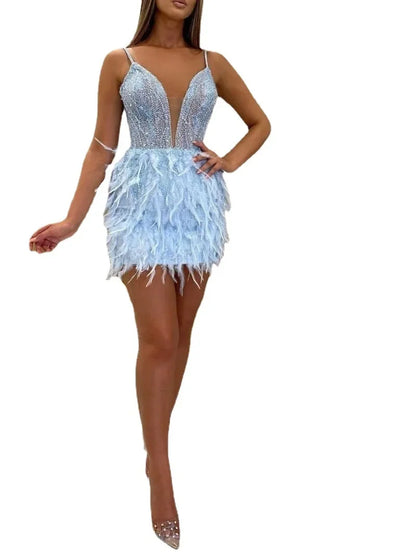 Elegant Blue Short Feather Dress Sexy Ladies Banquet Evening Dress Bodycon Bandage Streetwear Party Elegant Autumn Winter Club