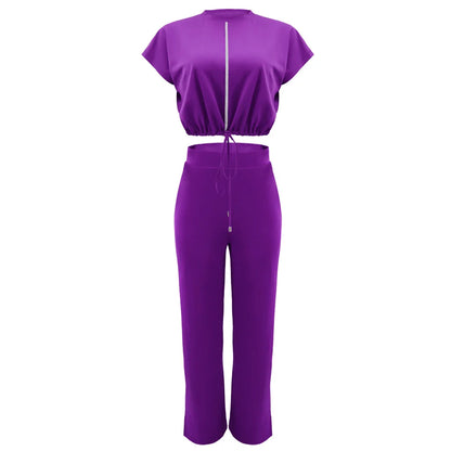 Women Casual Round Neck Drawstring Short Sleeve Top & High Waist Pants Set Summer Solid Two Piece Suit Sets Outfits Set Female