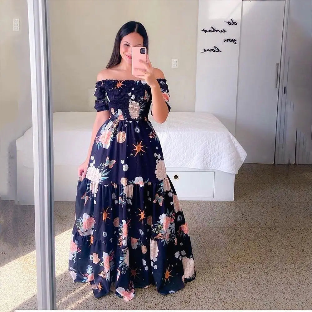 Spring Summer Sexy Off Shoulder Maxi Dress Woman Fashion Flower Print Short Sleeve Dresses For Women 2023 Elegant Party Robe