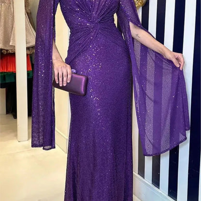 Autumn Winter Luxurious Sexy Sequins Cocktail Party Dress Prom Gown Cloak Sleeve V Neck Folds Corset Evening Floor Length Dress