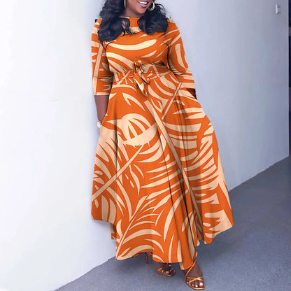 Women's 2024 Autumn New Style Fashionable Elegant Temperament Fashionable Printed Strap Waist Large Skirt Large Size Dress