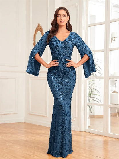 Lucyinlove Luxury Champagne Evening Dresses For Women 2025 Long Sleeve Mermaid Formal Sequins V-neck Prom Wedding Party Gowns