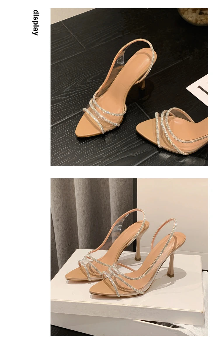 Women Summer Rhinestone Slingback Pumps Office Lady Transparent Heeled Sandals Elegant Pointed Toe Female Sexy High Heels
