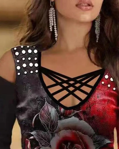 Sexy Blouses Pullover Tops Cold Shoulder Contrast Lace Beaded Top 2023 Autumn Winter Spring New Fashion Casual