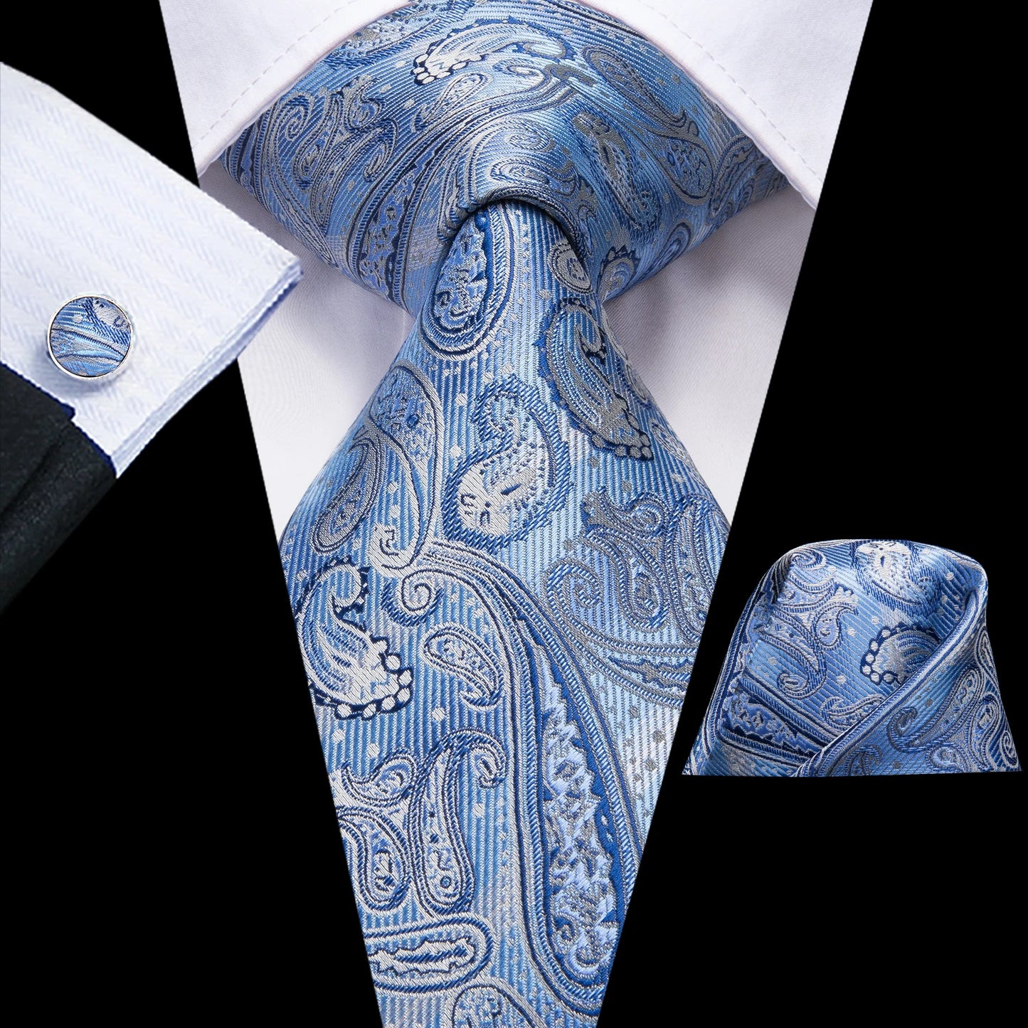 Hi-Tie Light Blue Solid Silk Wedding Nicktie For Men Hanky Cufflink Gift Men Tie Set Business Party Dropshipping Novelty Design