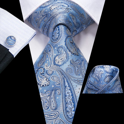 Hi-Tie Light Blue Solid Silk Wedding Nicktie For Men Hanky Cufflink Gift Men Tie Set Business Party Dropshipping Novelty Design