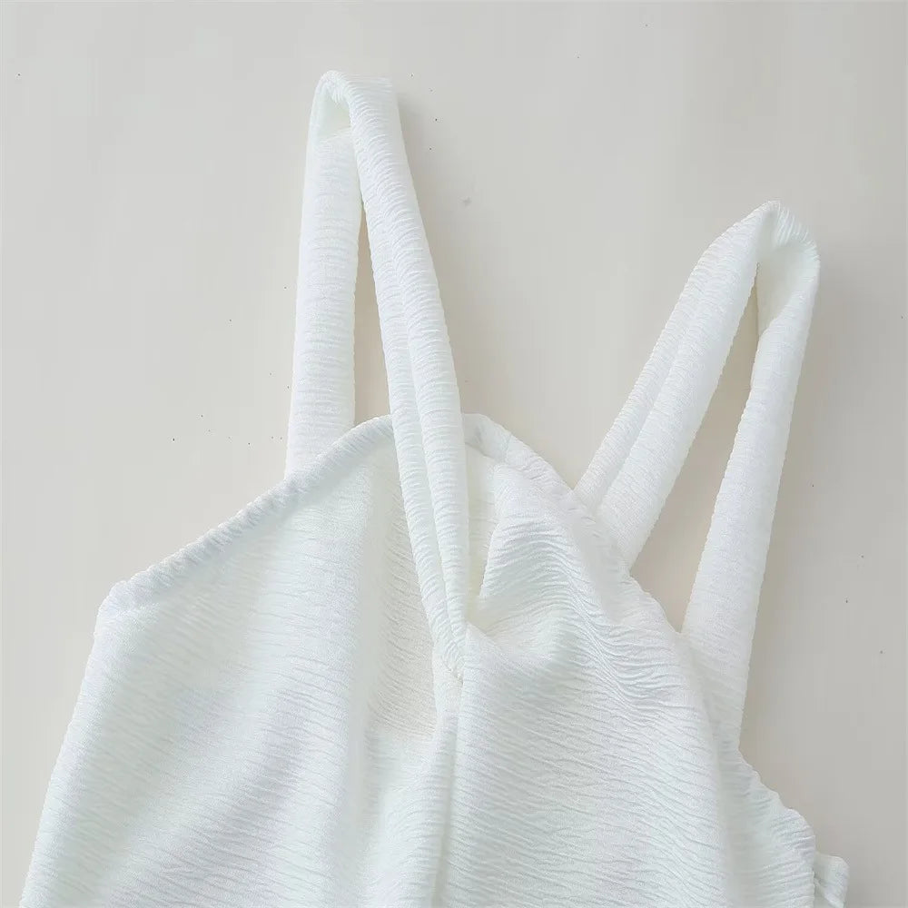 2025 Spring Women's High Street Sexy White Off-the-shoulder Halter Pleated Floor-length Dress Fashion Sleeveless Loose Dress