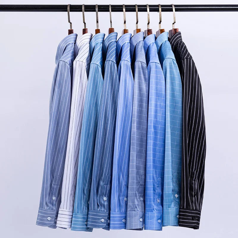 Men's Striped Stretch Business Long Sleeve Formal Dress Shirt Easy Care Casual Fashion Standard Fit Male Workwear Shirts