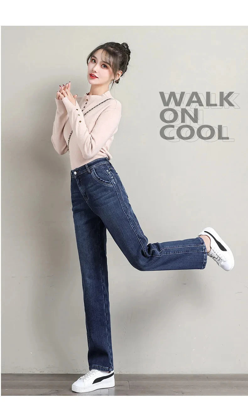 New Winter Thick Warm Fleece Women Straight Jeans Women Classic High Waist Thicken Fashion Warm Denim Pants Retro Cowboy Trouser