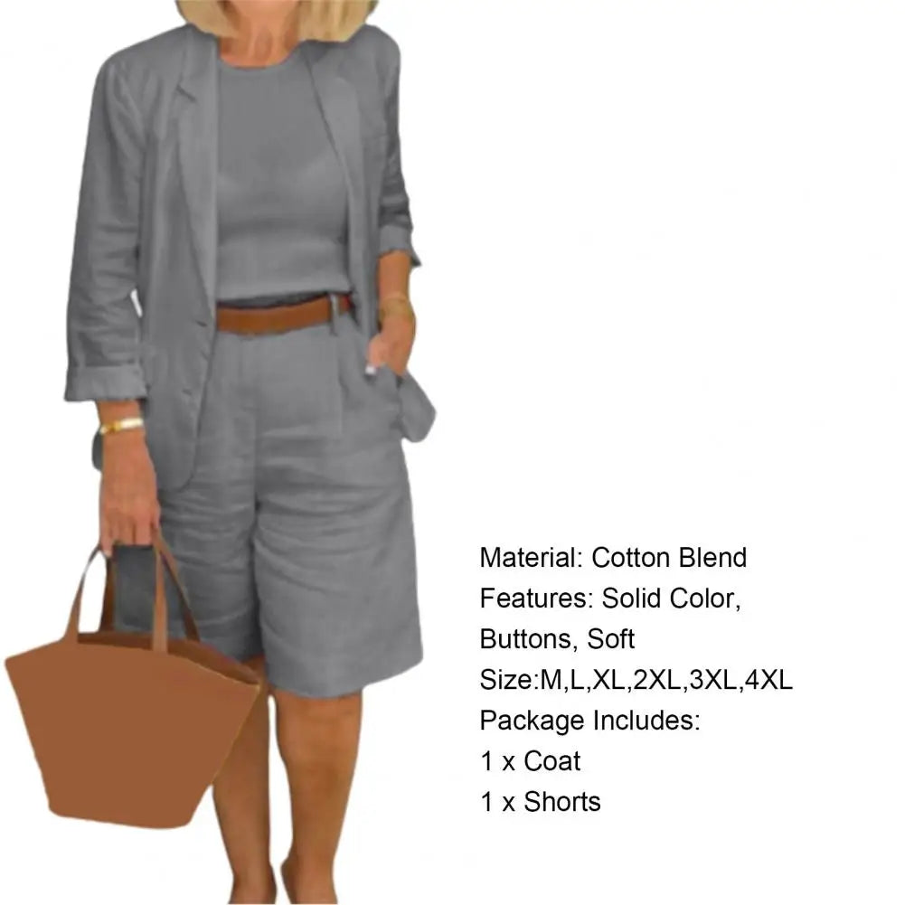 Cotton Linen Temperament Blazer Shorts Women's Blazer Suit 2 Piece Set Elastic Waist Thin Female Blazer Shorts Summer Outfit