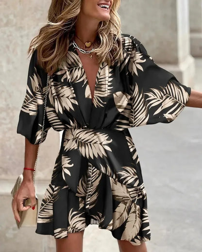 spring Irregular Mini Dress For Women Fashion Print Casual Bohemia Style Vacation Sundress Women's Bat Sleeve Ruffles Dresses