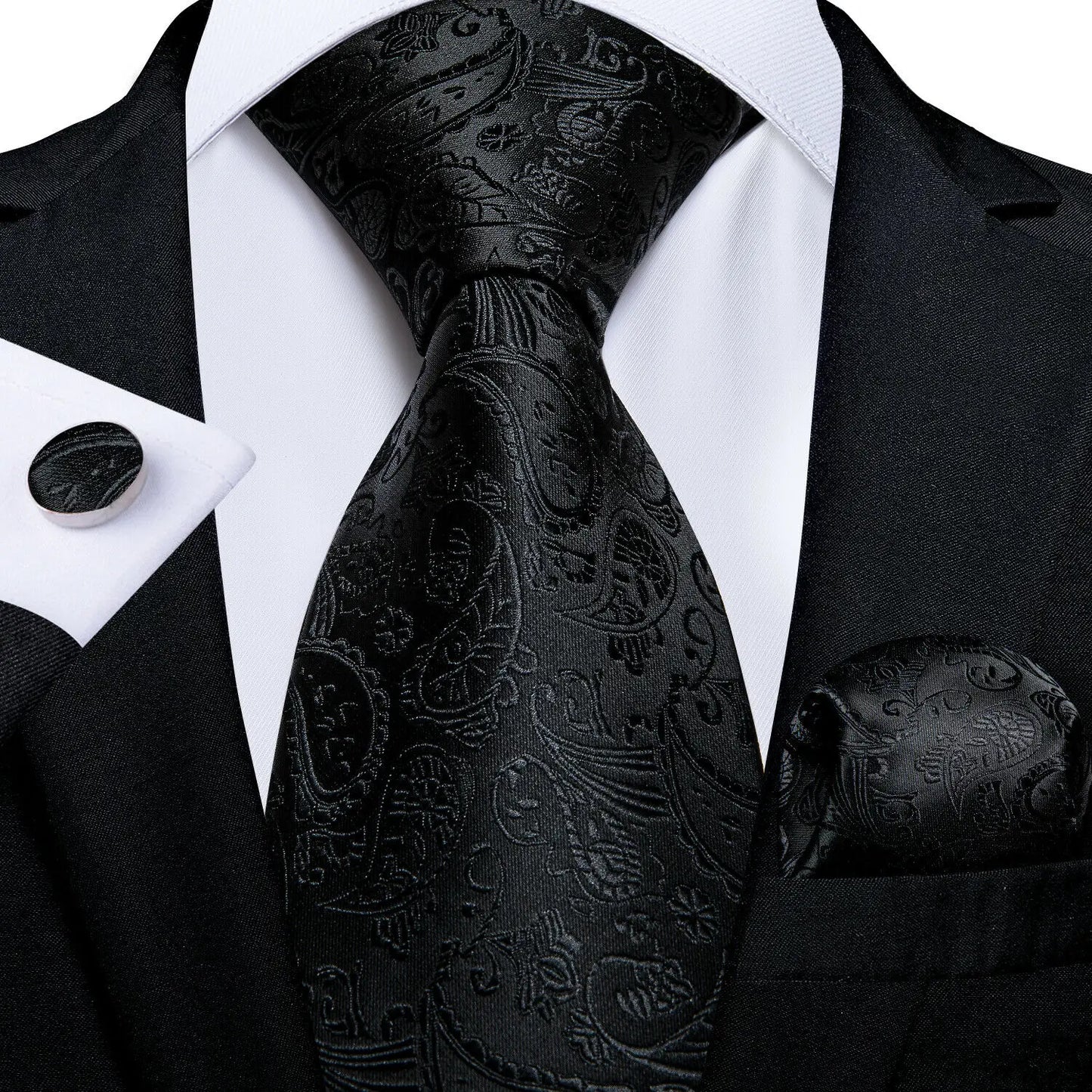 Barry.Wang Black White Gray Silver Silk Men Tie Handkerchief Cufflinks Set Jacquard Necktie for Male Wedding Business Party Gift
