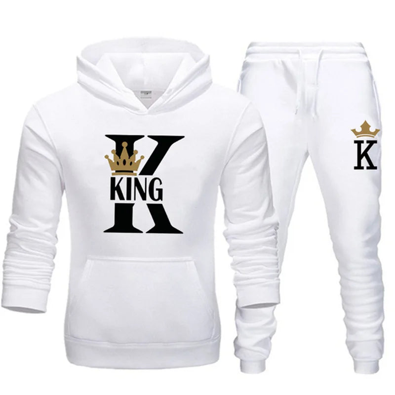 2024 New Autumn and Winter Men's and Women's Sweater Set KING QUEEN Loose Relaxed Hooded Print Couple Set