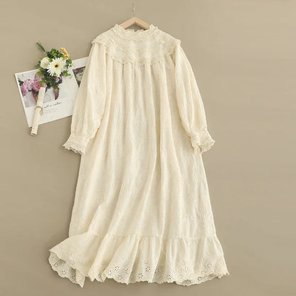 Spring Sweet Mori Girl Hollow Out Embroidered Dress Women Harajuku Long Sleeve Casual Midi Dresses
