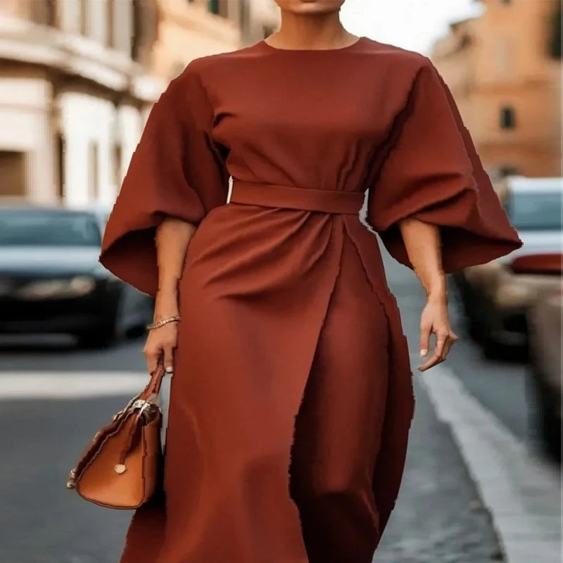 Spring Fashion Solid Color Dress Women Sexy Round Neck Bat Sleeve High Waist Dress Elegant Commuting Dresses for Women Summer