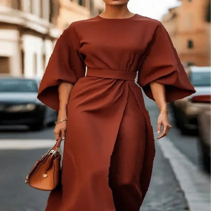 Spring Fashion Solid Color Dress Women Sexy Round Neck Bat Sleeve High Waist Dress Elegant Commuting Dresses for Women Summer