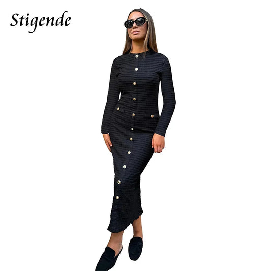 Vintage Hollow Out Long Sleeve Slim Fit Dress Women Elegant O-Neck Bodycon Pencil Dress Button Decoration