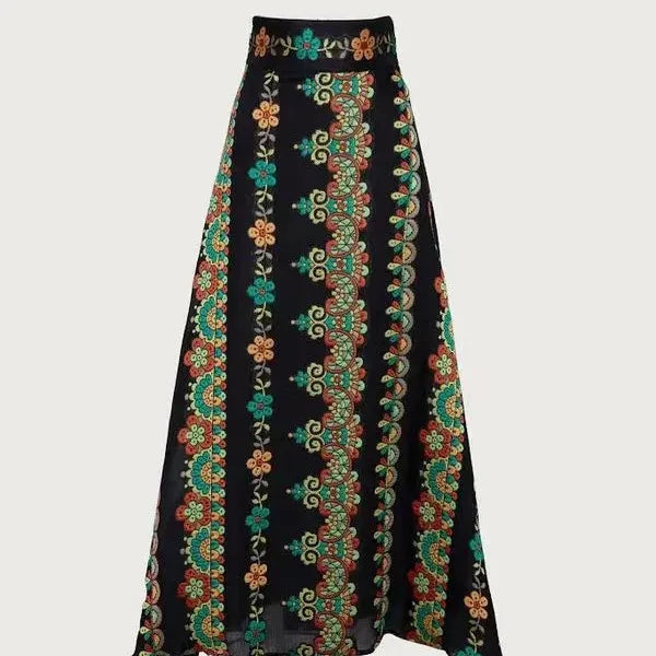 Spring Summer Womens Dress Fashion Printed Long-sleeved Top and Lose Floor-length Skirt Elegant V-neck Women Clothes Vestidos