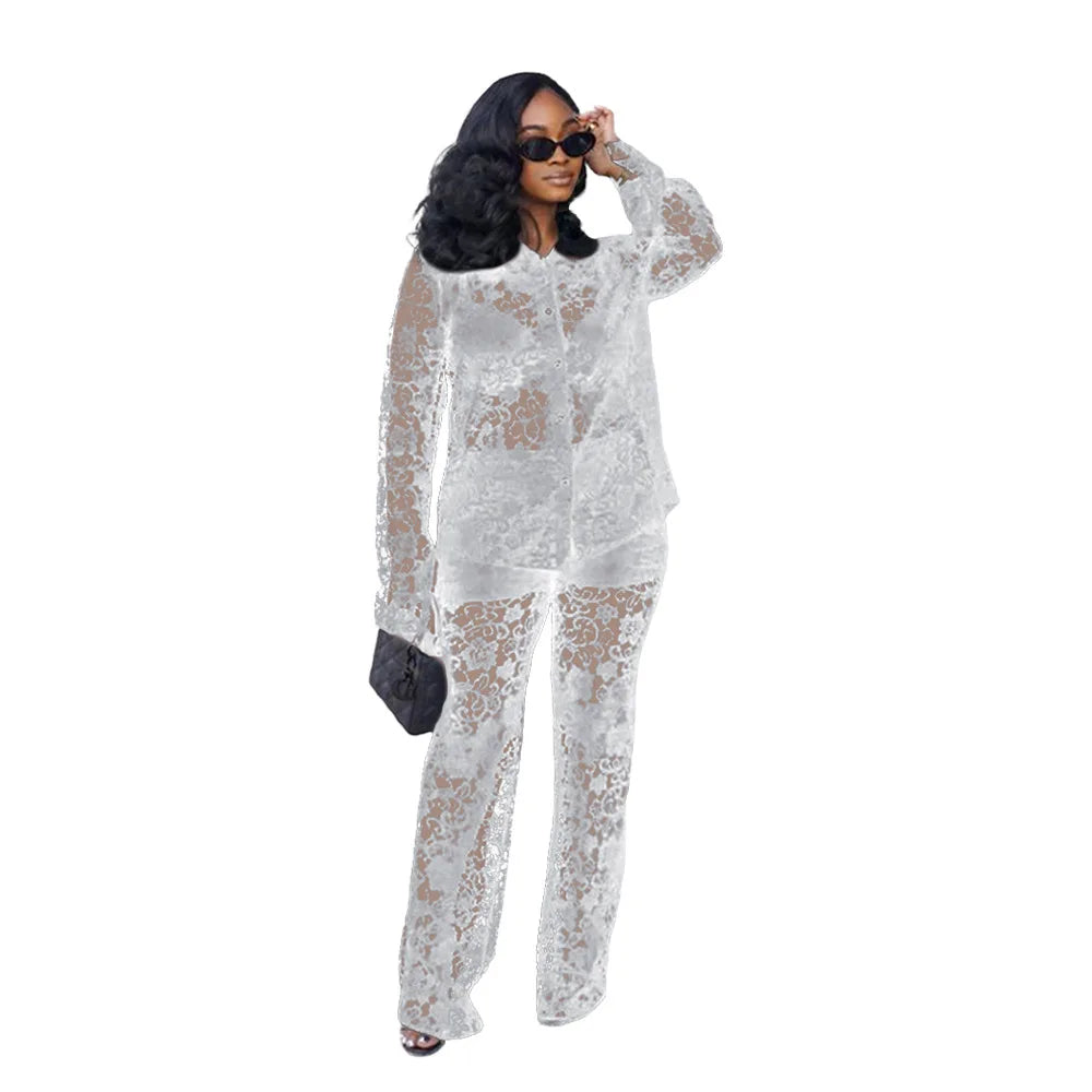 Perspective Lace Pants Set Summer 2024 New 2 Piece Set Chic Slim Elegant Office Women's Set Fashion Street Youth 2-piece Suit